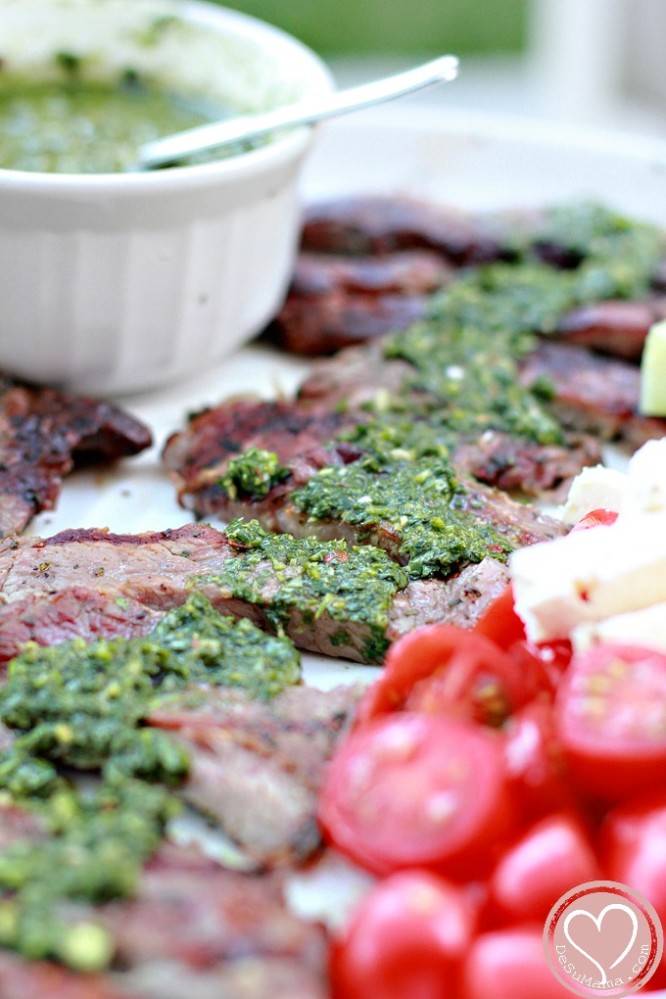 Argentinian Chimichurri Sauce On Grilled Rib Eye Steaks 